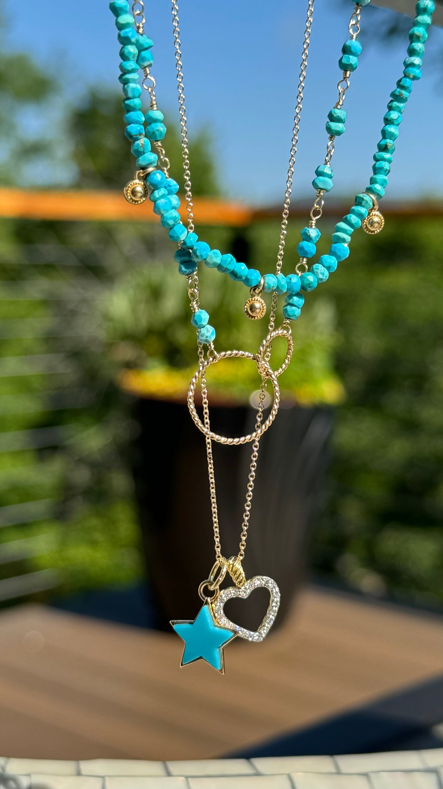 14k + Turquoise Bead Chain Circles Necklace