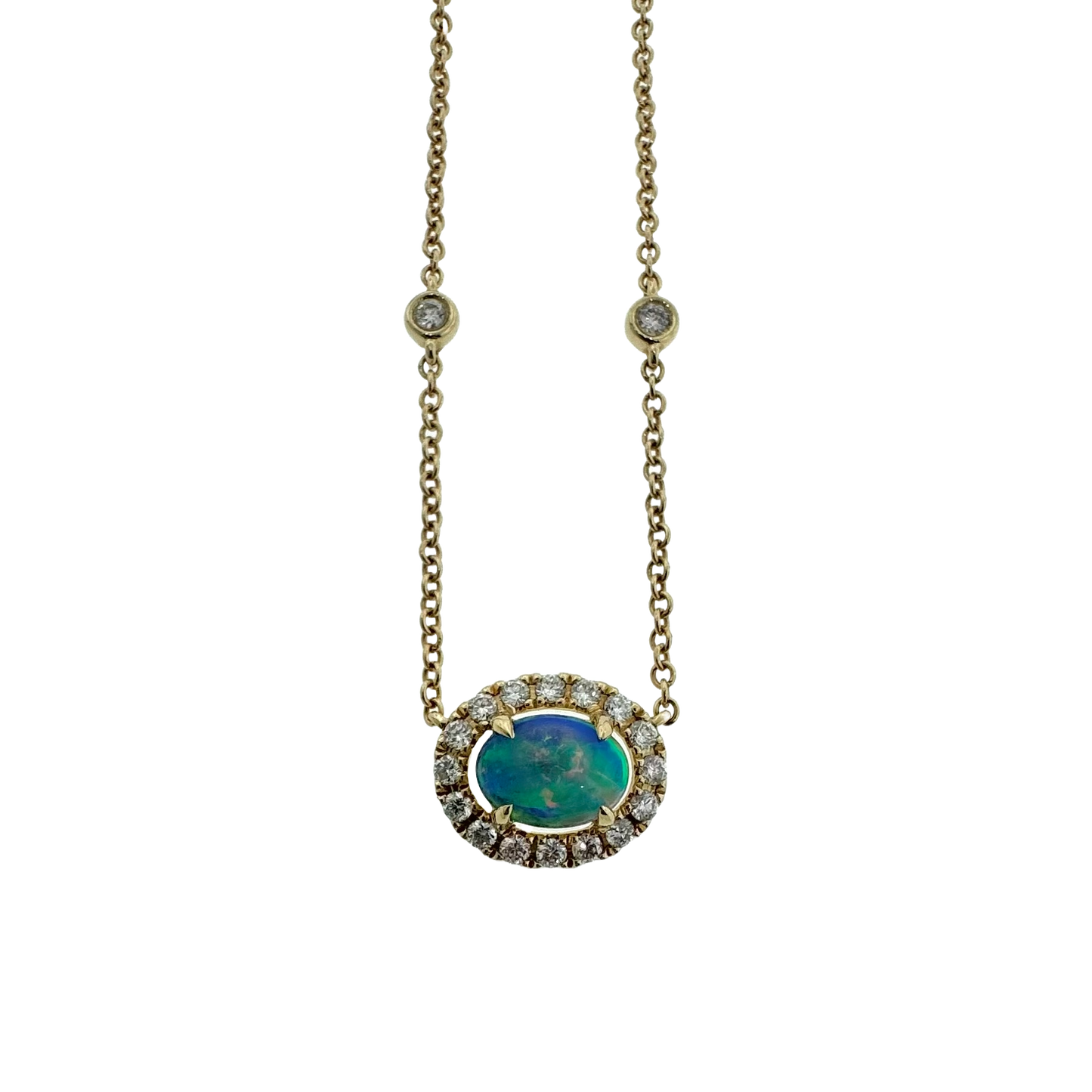 Estate 14k + Opal and Diamond Necklace