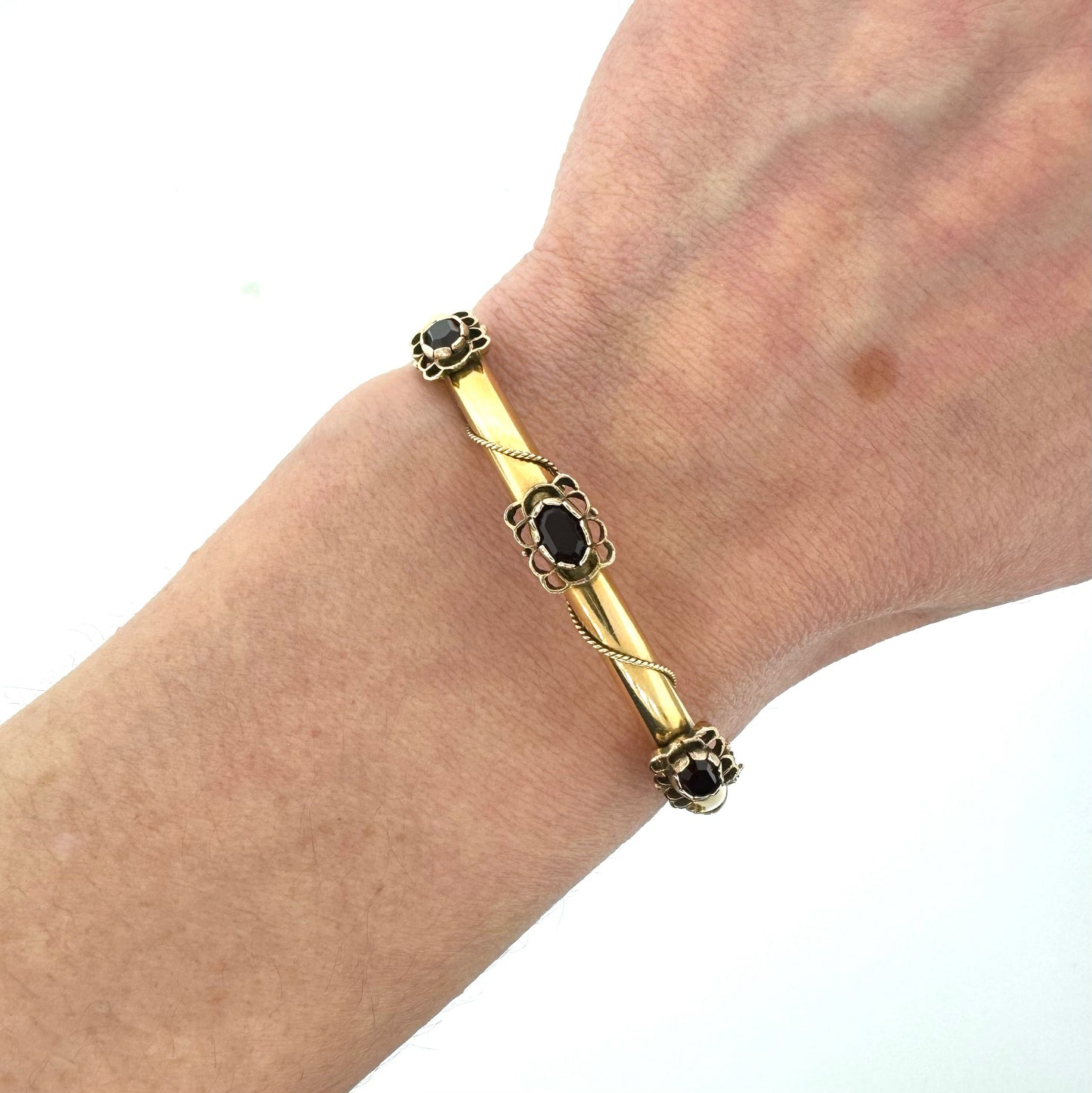 Estate 14k + Garnet Hinged Bangle Bracelet