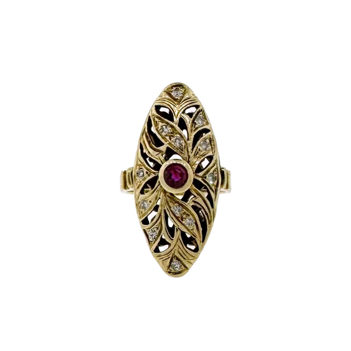 Estate 14k + Ruby and Diamond Navette Ring