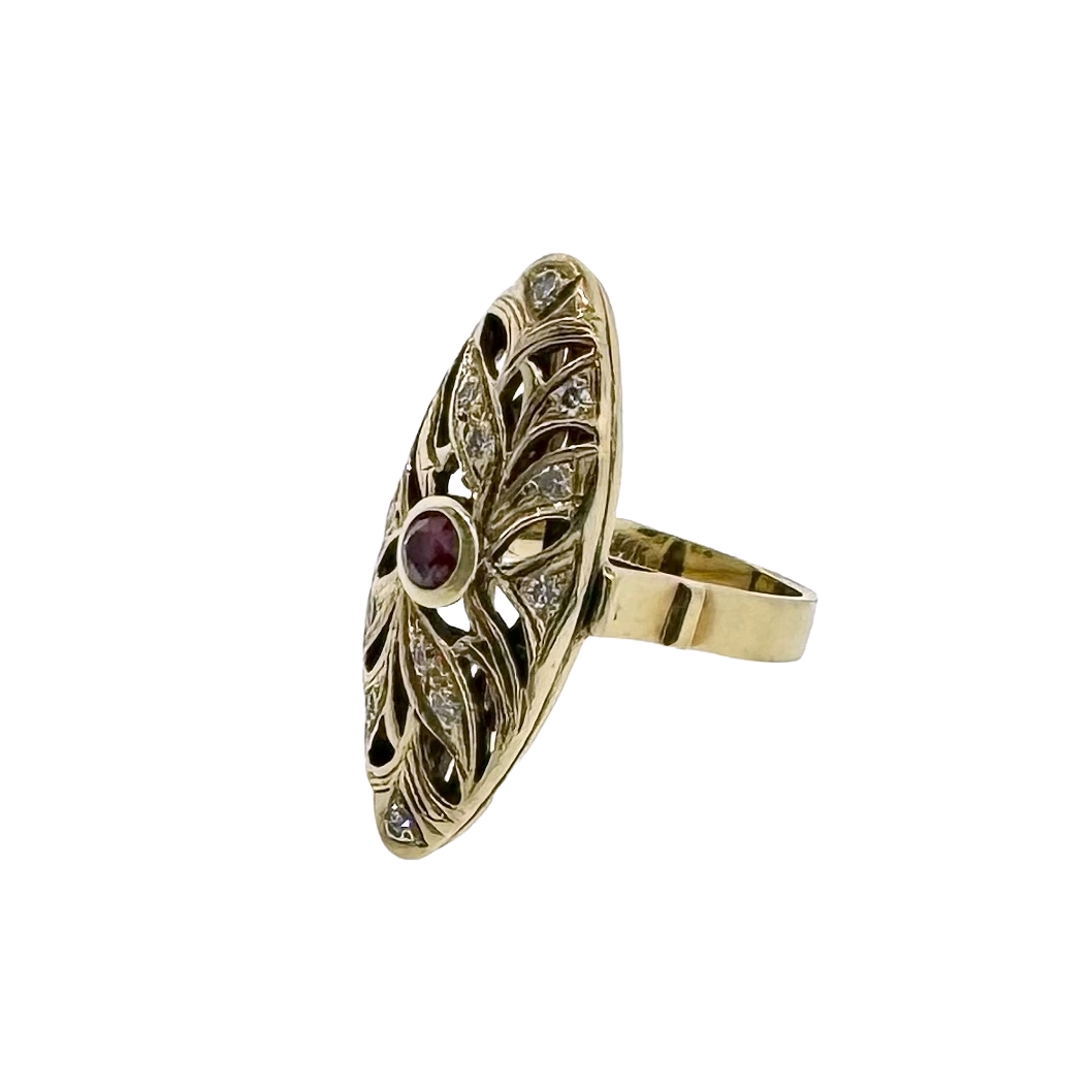 Estate 14k + Ruby and Diamond Navette Ring