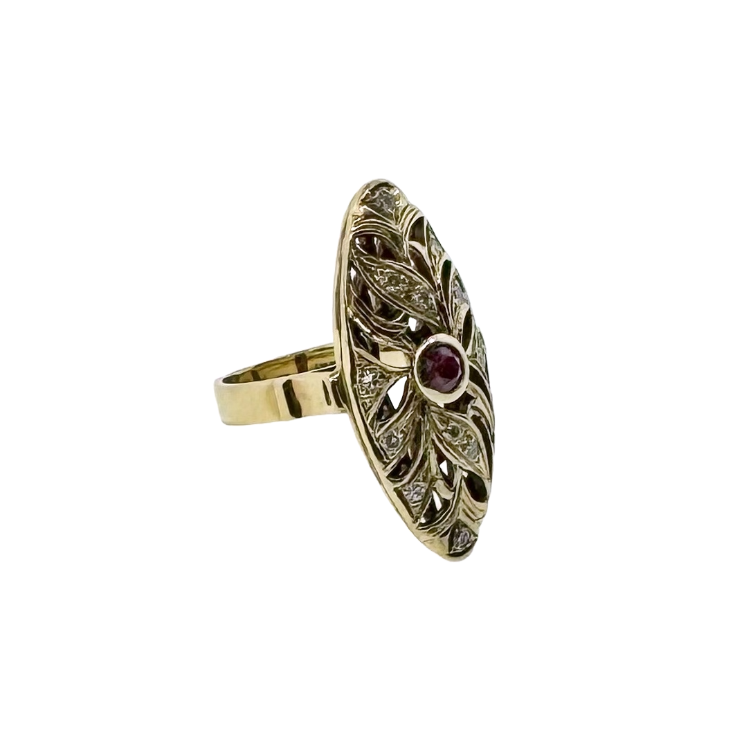 Estate 14k + Ruby and Diamond Navette Ring