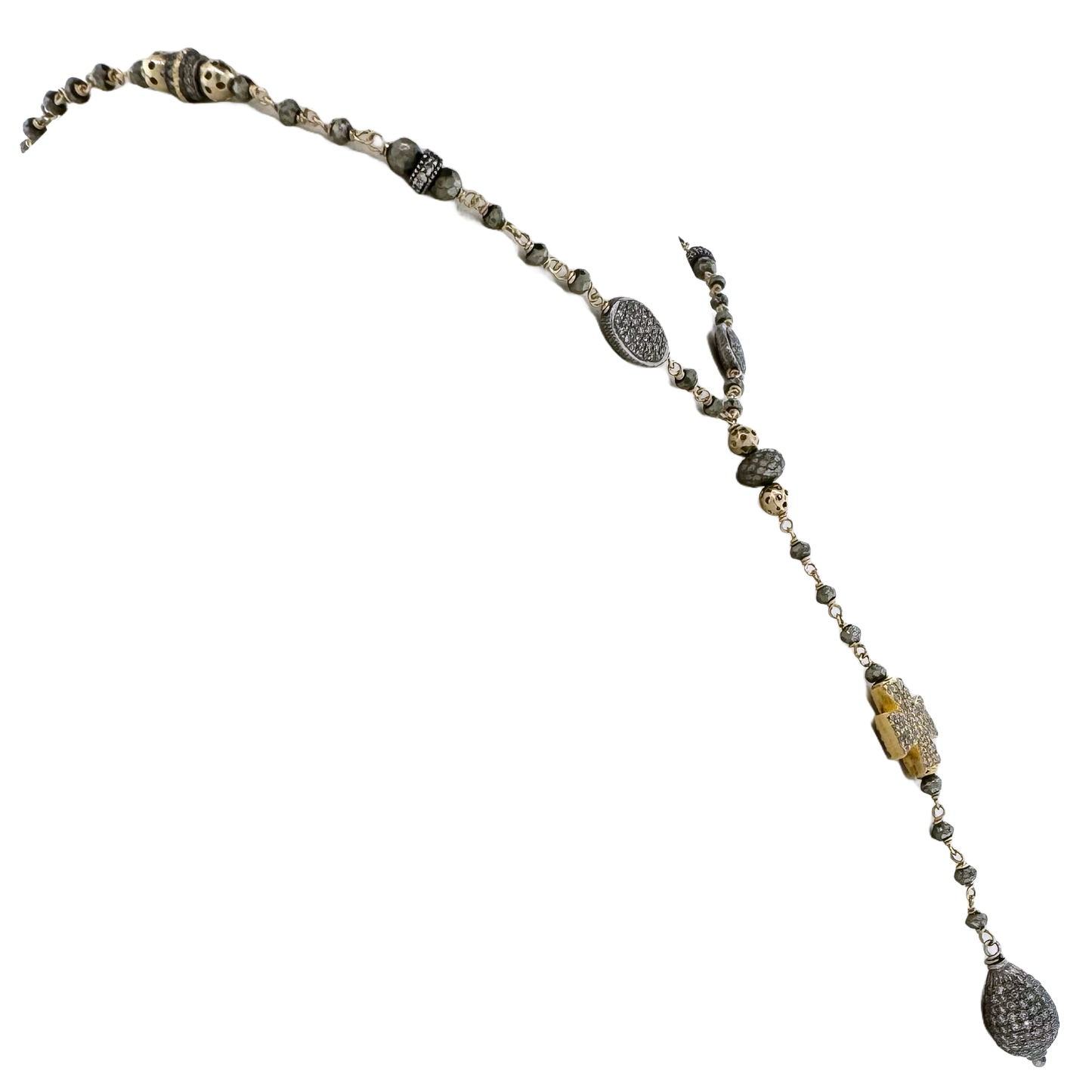 Estate 14k + Sterling Silver Pyrite Beaded Y Chain Necklace
