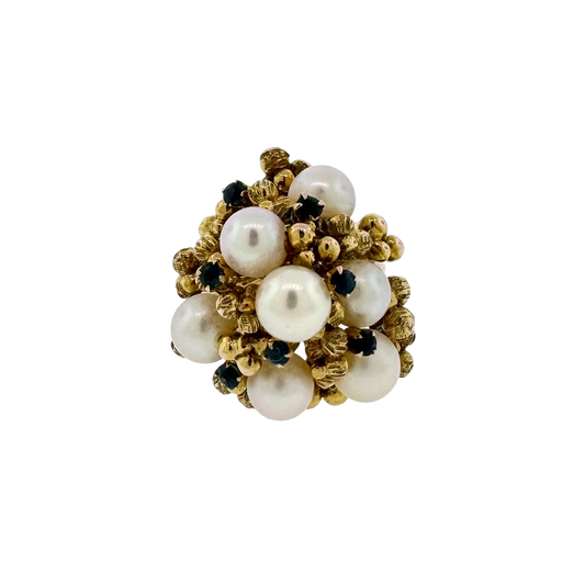 Estate 14k + Sapphire and Cultured Pearl Cluster Cocktail Ring