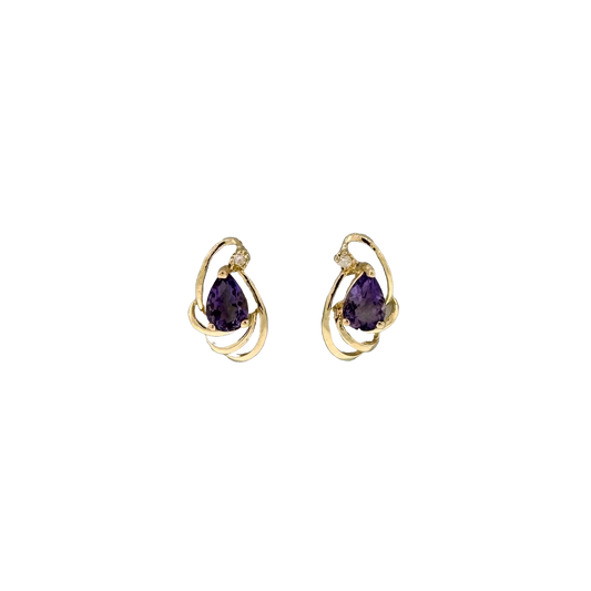 Estate 14k + Amethyst and Diamond Swirl Earrings