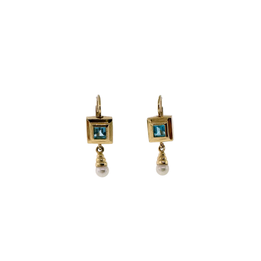 Estate 14k + Blue Topaz and Akoya Pearl Drop Earrings