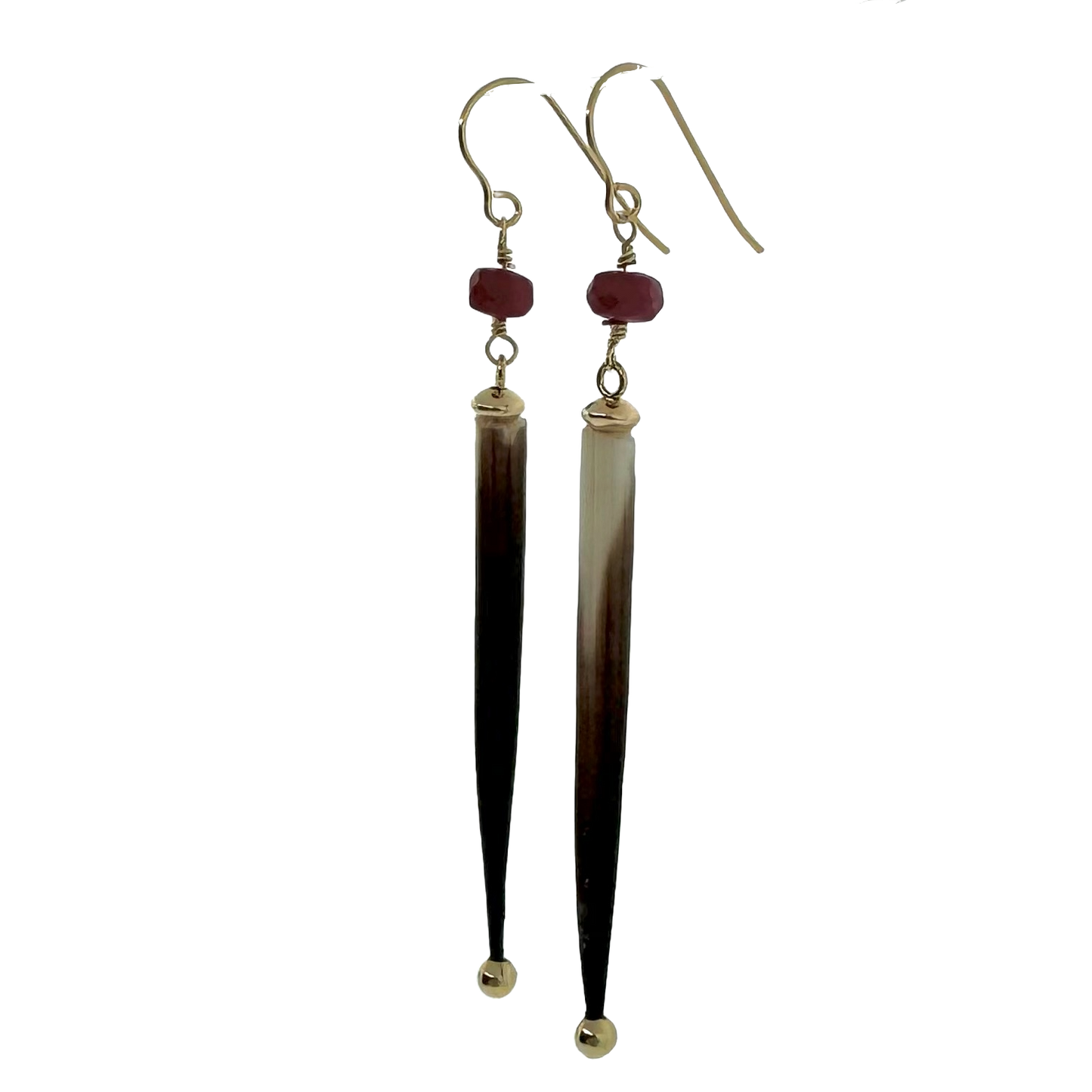 14k + Porcupine Quill and Ruby Earrings