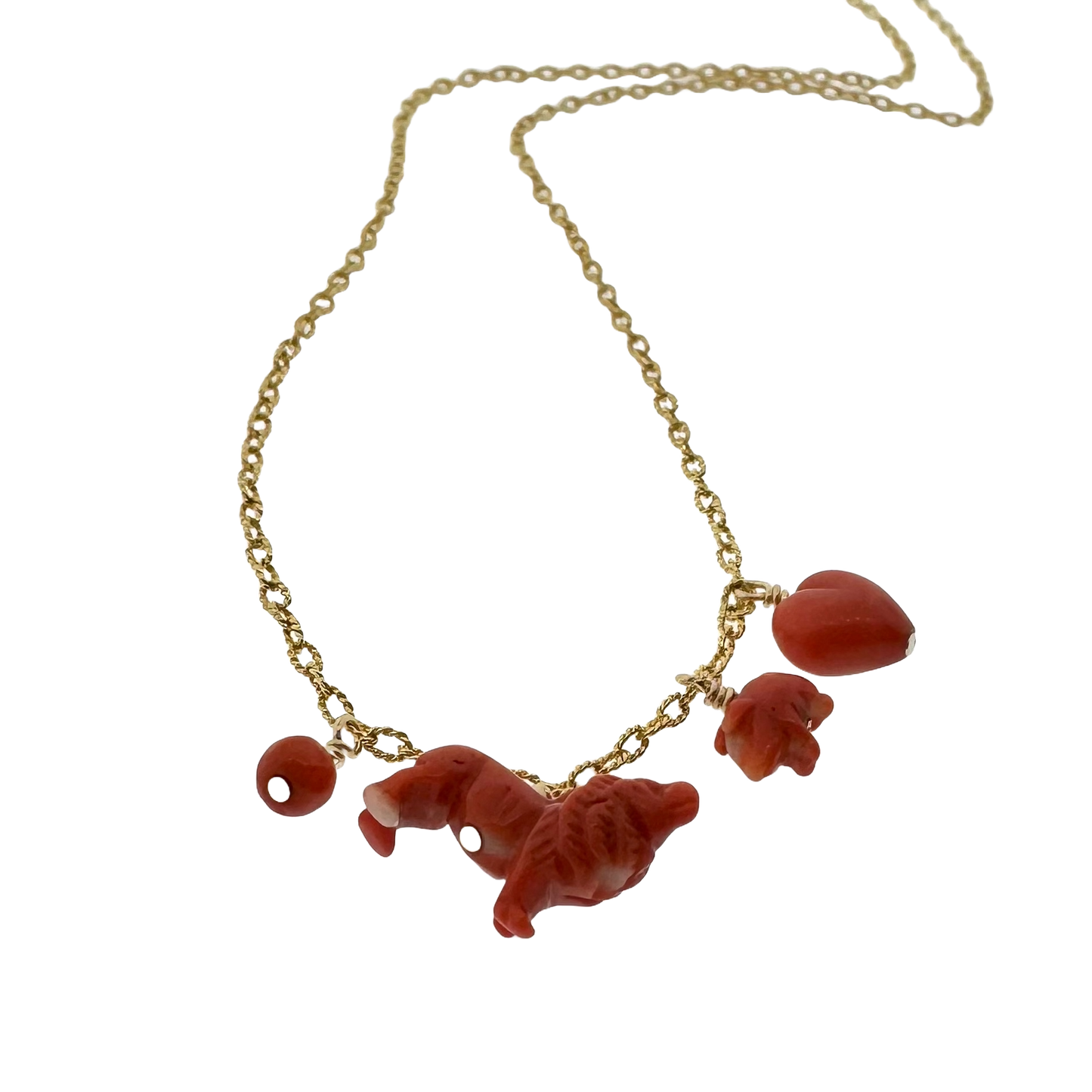 Estate 14k + Victorian Carved Coral Bead Necklace